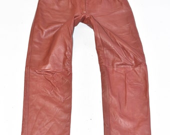 Vintage Women's Real Leather Biker Pleated Straight Red Trousers Pants Size W24" L28"