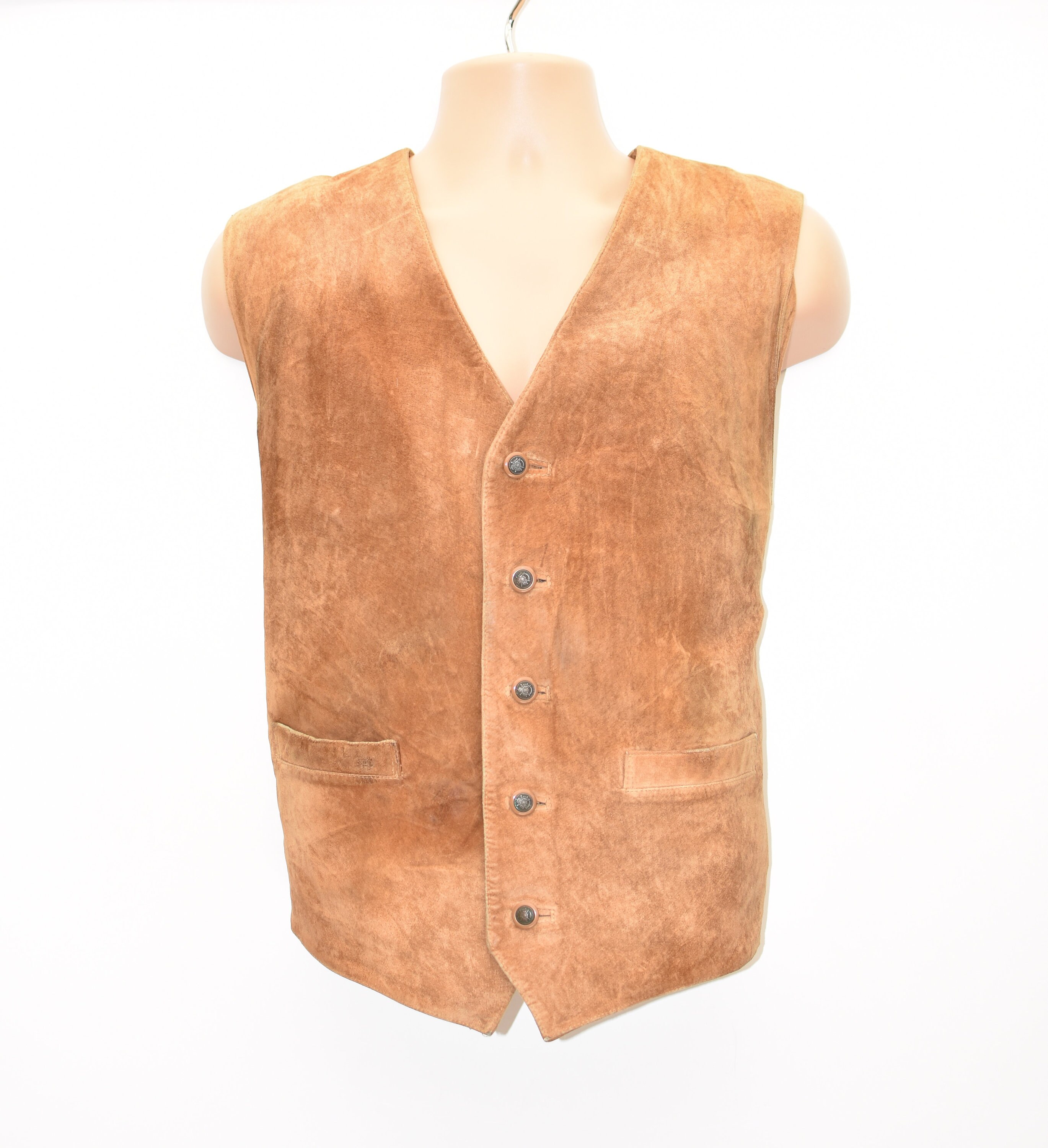 Image of Vintage Brown Real Leather Rover&lakes Cowboy Western Biker Vest Men's Waistcoat Size L