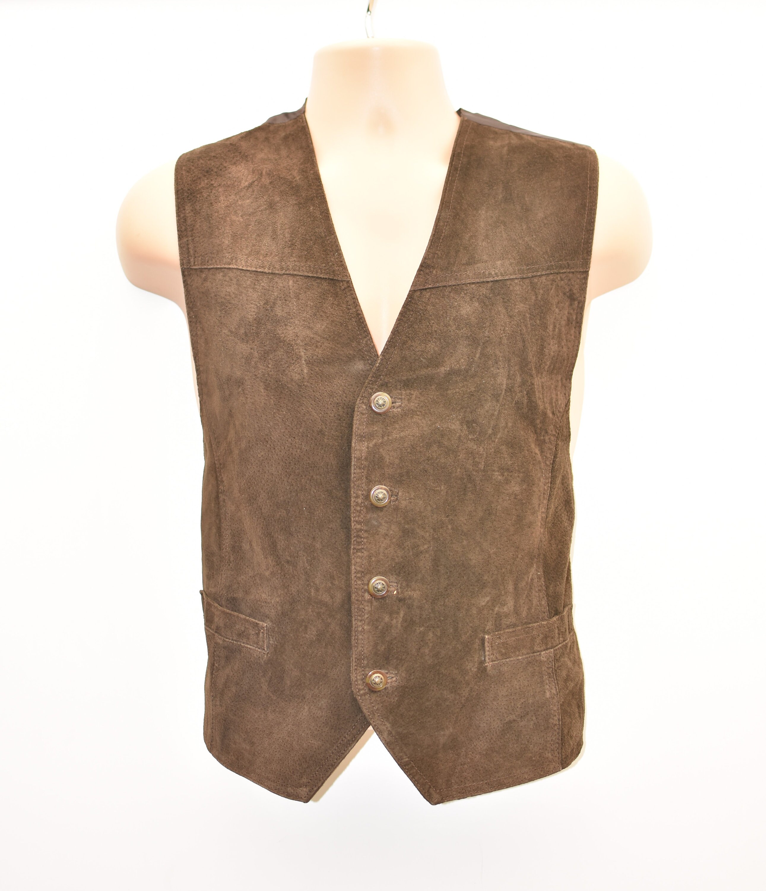 Image of Vintage Brown Real Leather Textile Cowboy Western Biker Vest Men's Waistcoat Size L