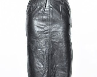 Vintage Black Real Leather Pockets Straight Pencil Midi Length Skirt Size W26" L27"