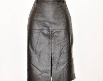 Vintage Black Real Leather Straight Pencil Knee Length Skirt Size M W30" L22"