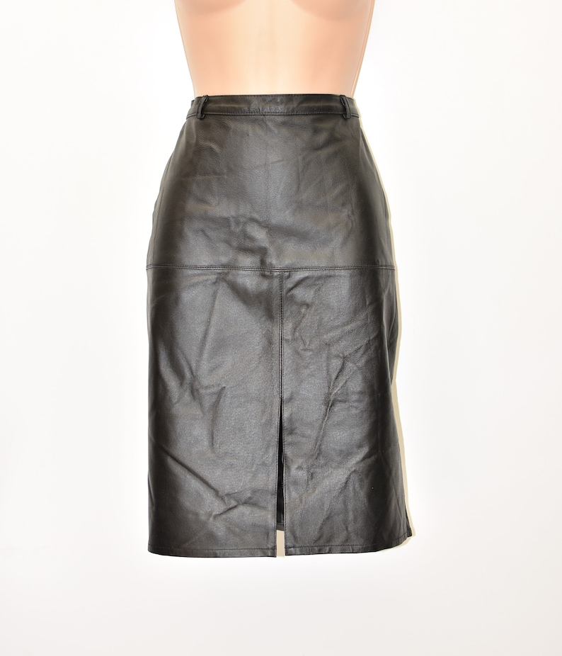 Vintage Black Real Leather Straight Pencil Knee Length Skirt Size M W30 L22 image 1