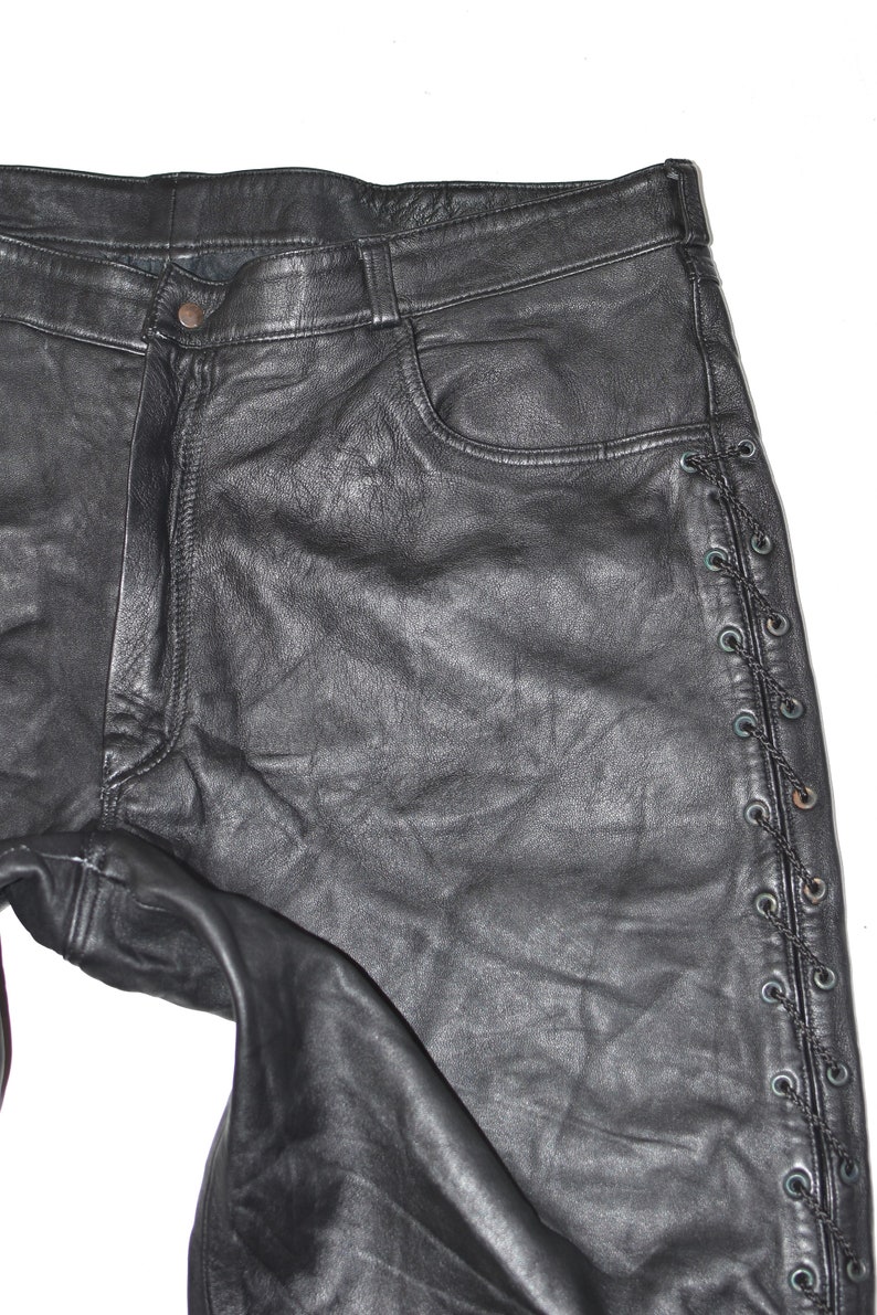 Vintage Black Genuine Leather Lace Up Biker Motorcycle Men/'s Trousers Pants Size W39 L31