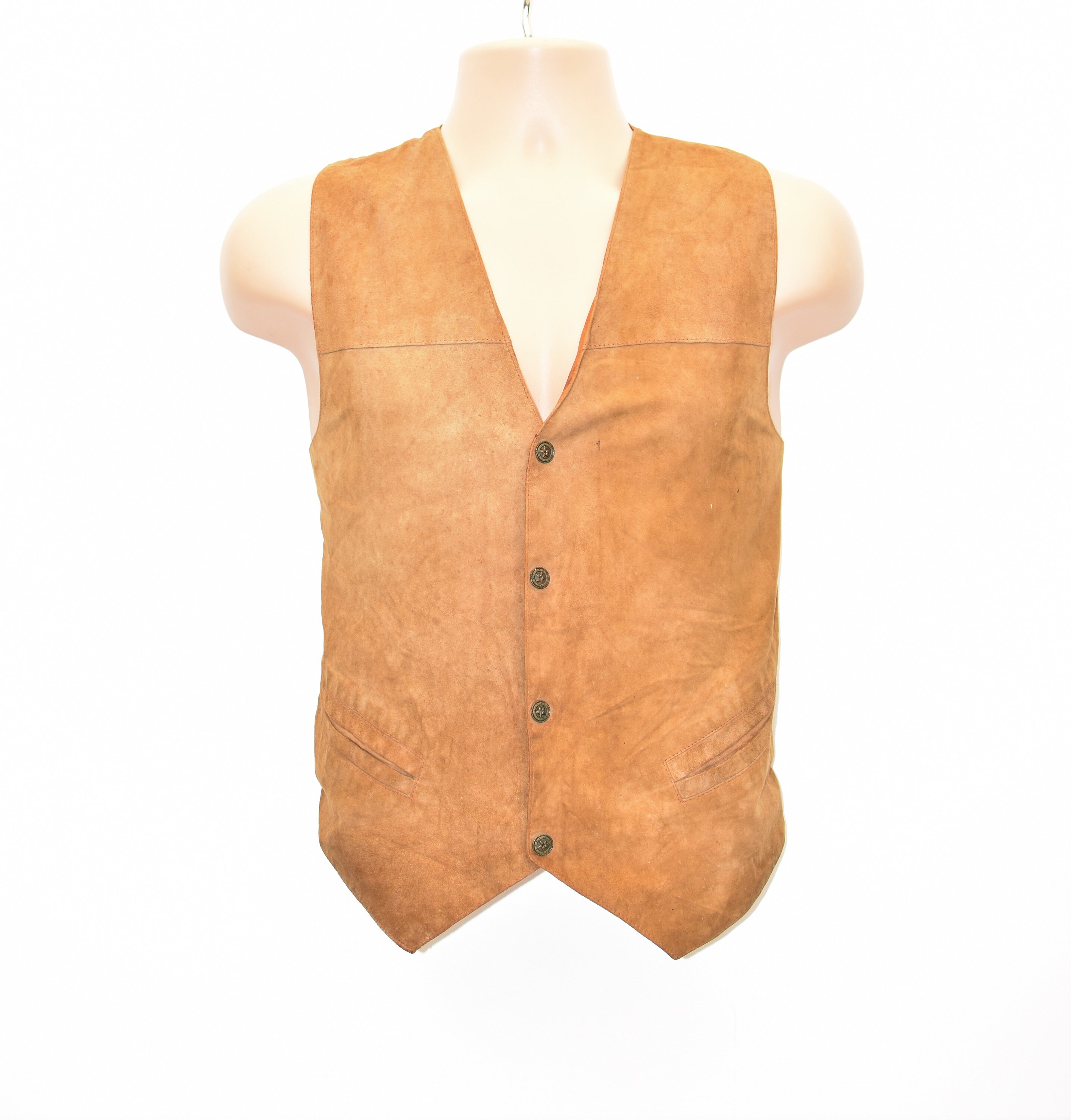 Image of Vintage Brown Real Leather Cowboy Western Biker Vest Men's Waistcoat Size S