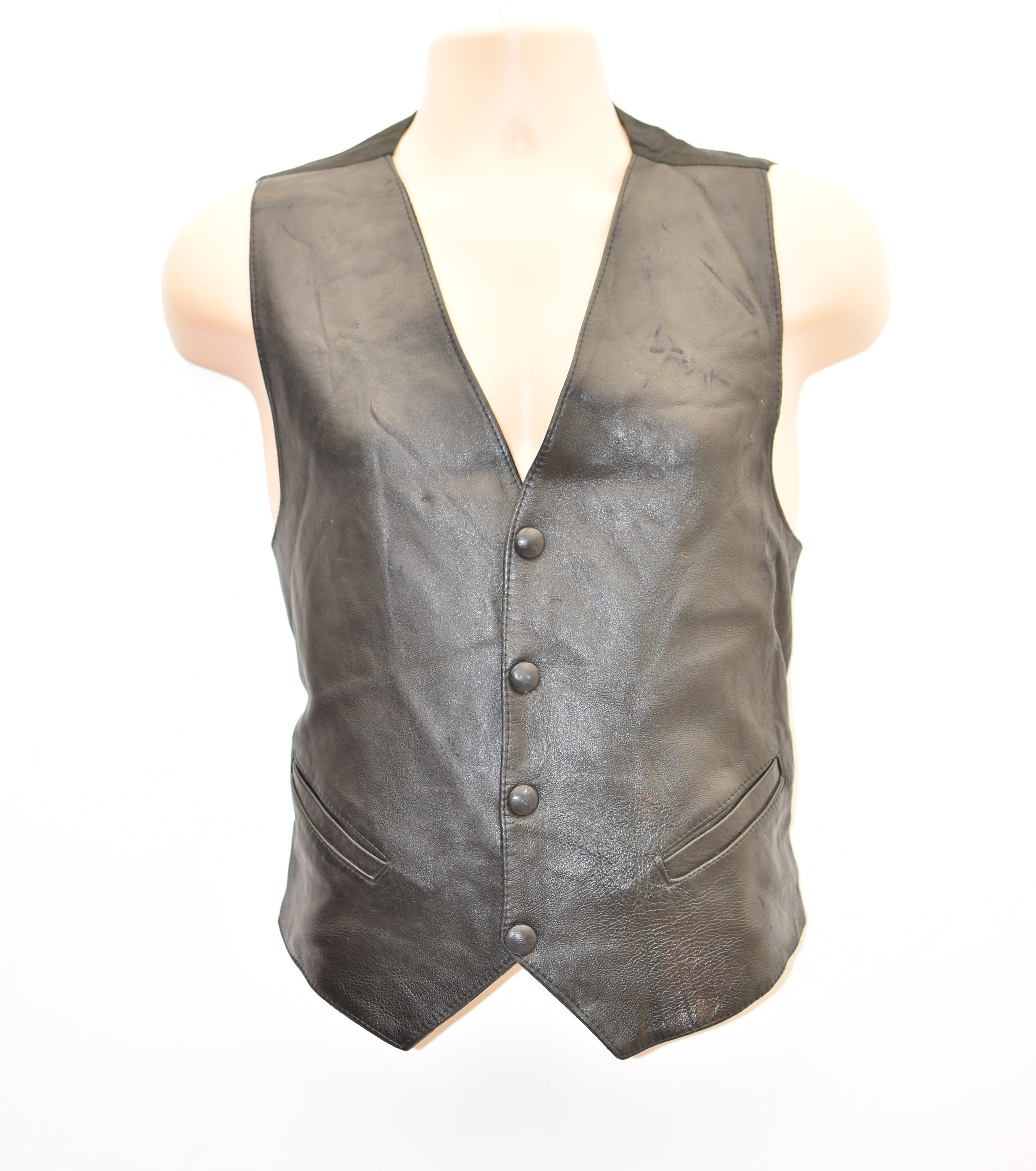 Image of Vintage Black Real Leather Textile Motorcycle Western Biker Vest Men's Waistcoat Size M