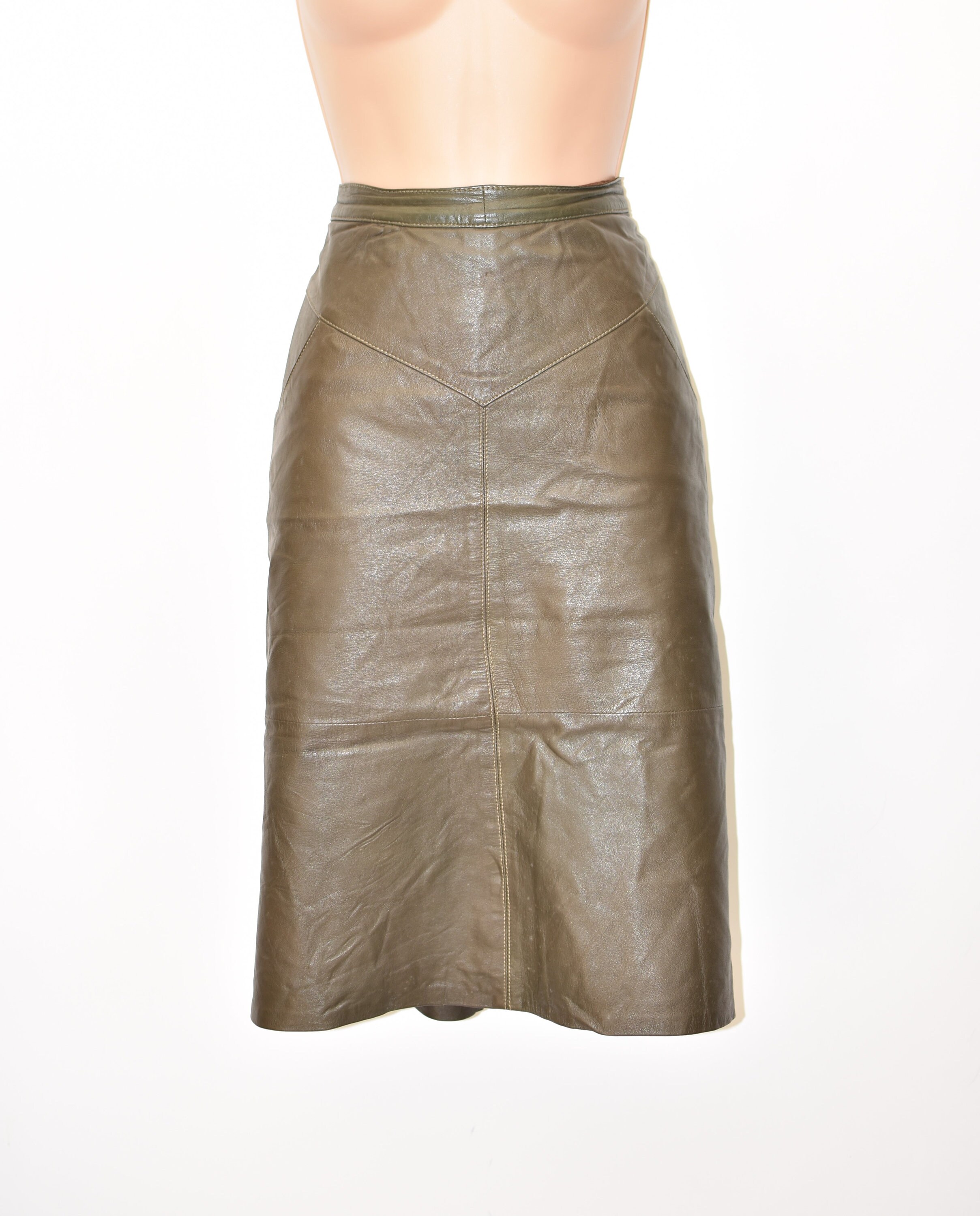 Image of Vintage Green Real Leather Straight Pencil Knee Length Skirt Size Uk W" L"