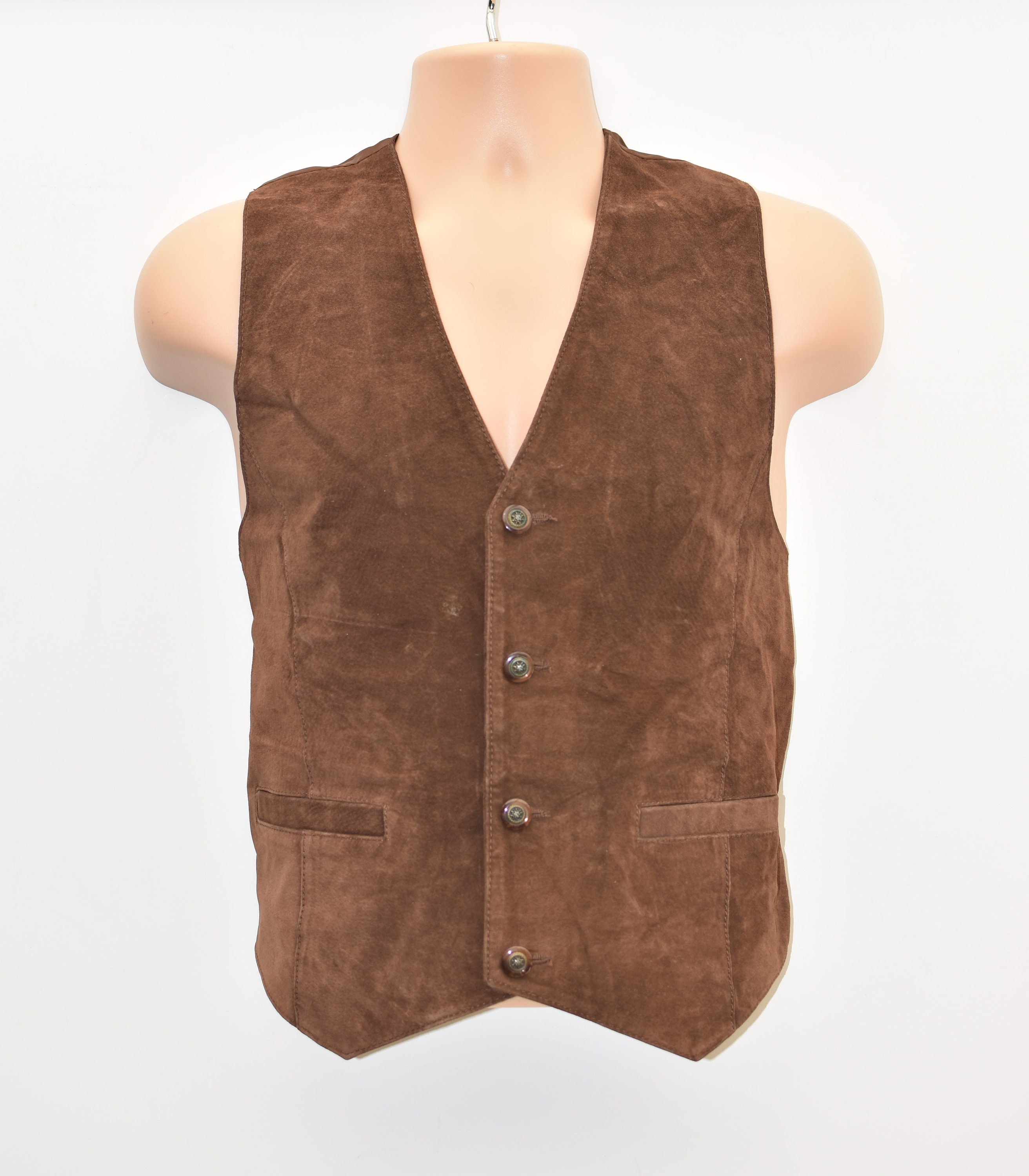 Image of Vintage Brown Real Leather Textile Belmondo Western Biker Vest Men's Waistcoat Size M
