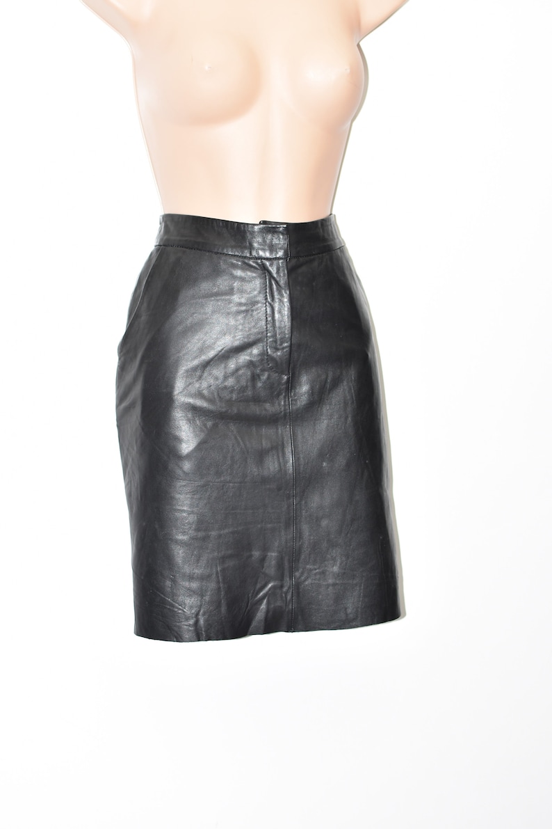 Vintage Black Real Leather PAPRIKA Straight Pencil Short Length Skirt Size UK16 W31 image 2