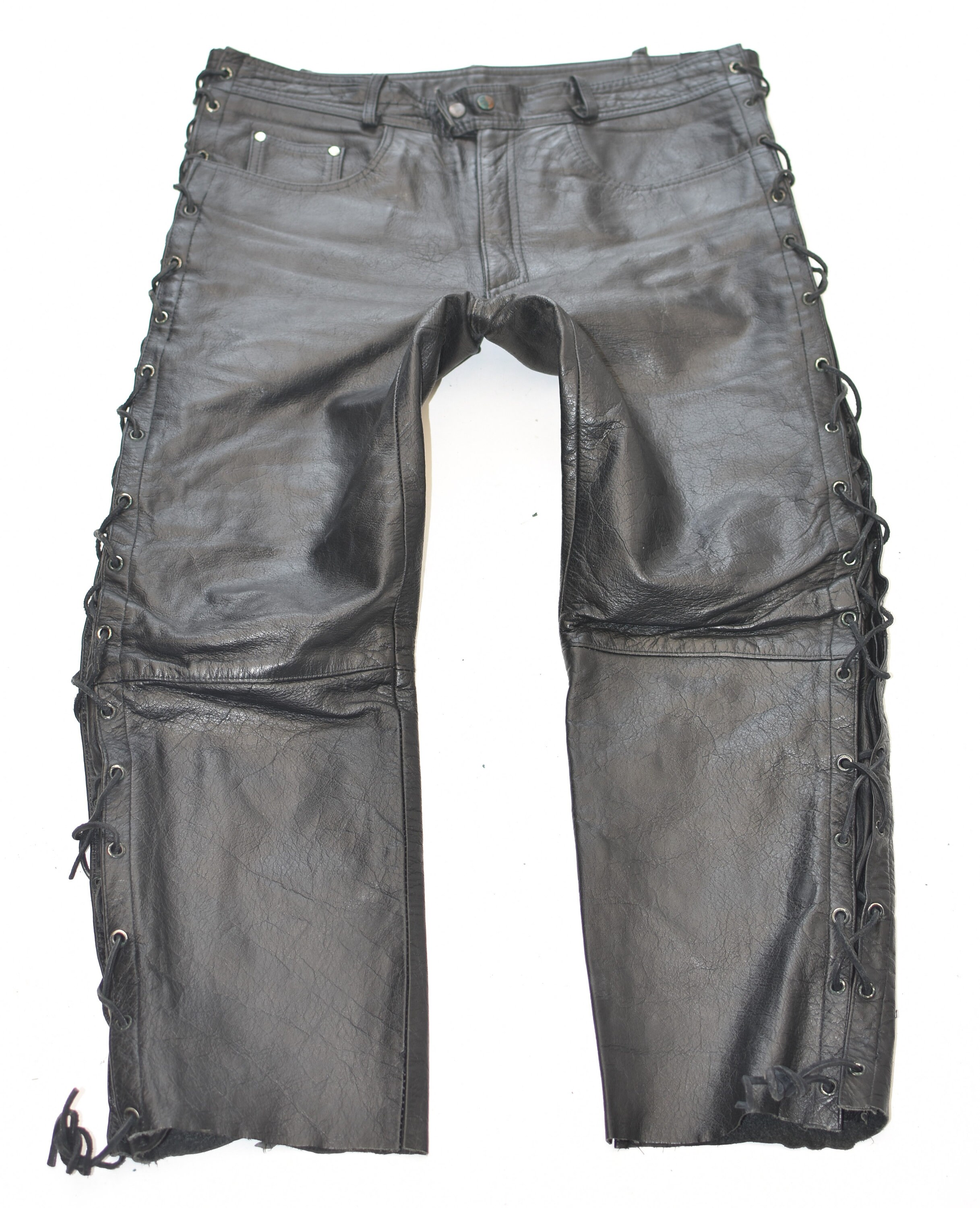 Image of Vintage Black Genuine Leather Lace Up Motorcycle Biker Men's Trousers Pants Size W38" L27"