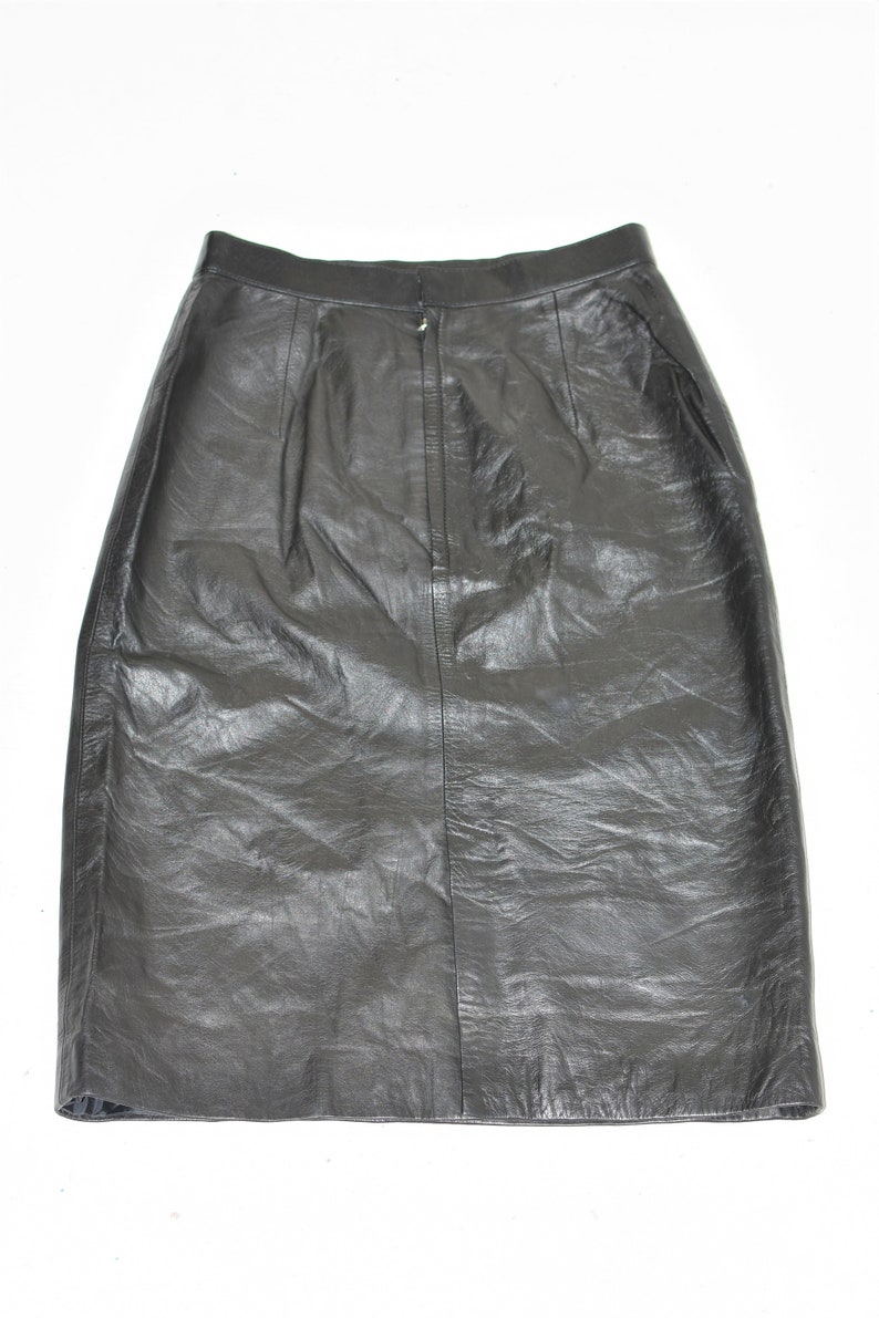 Vintage Women's Real Leather Straight Pencil Knee Length Black Skirt Size UK6 W25 image 7