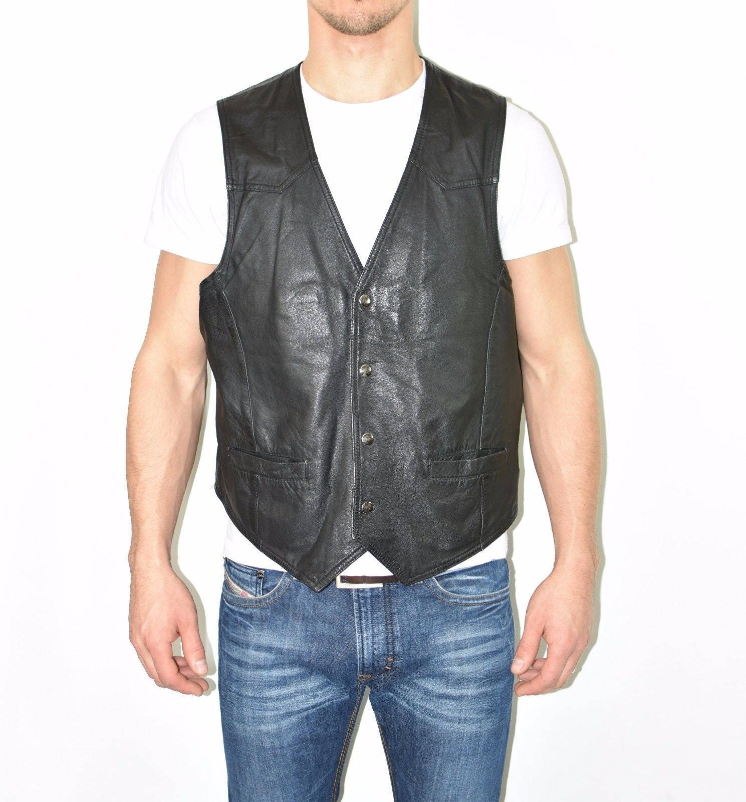 Image of Vintage Black Genuine Leather John F.gee Popper Biker Motorcycle Casual Men's Vest Waistcoat Size Xl