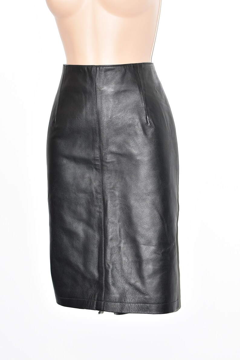 Vintage Black Real Leather ZIGGA Straight Pencil Knee Length Skirt Size UK12 W32 image 2