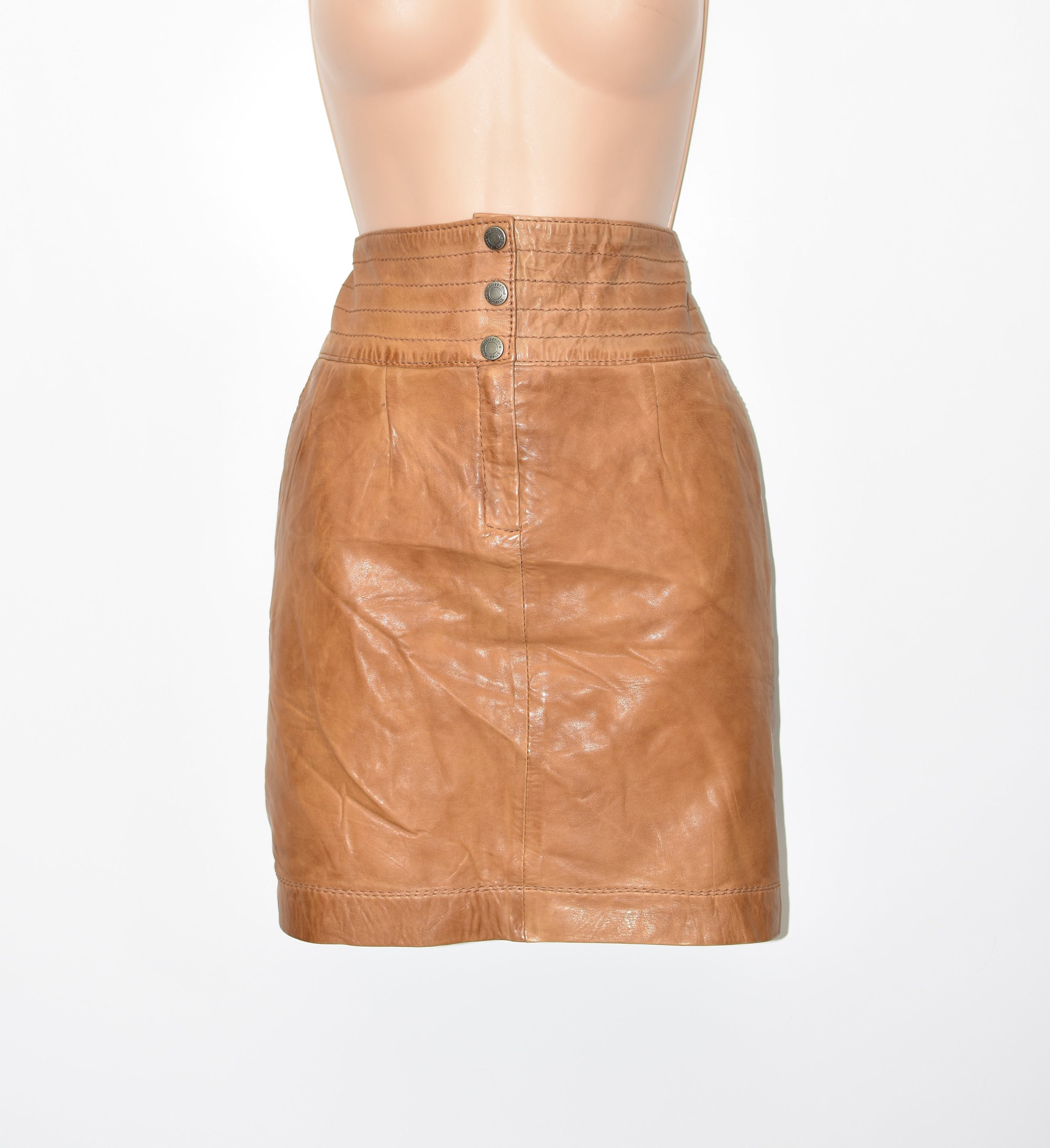 Image of Vintage Brown Real Leather Street One Pencil Straight Knee Length Skirt Size L W" L"