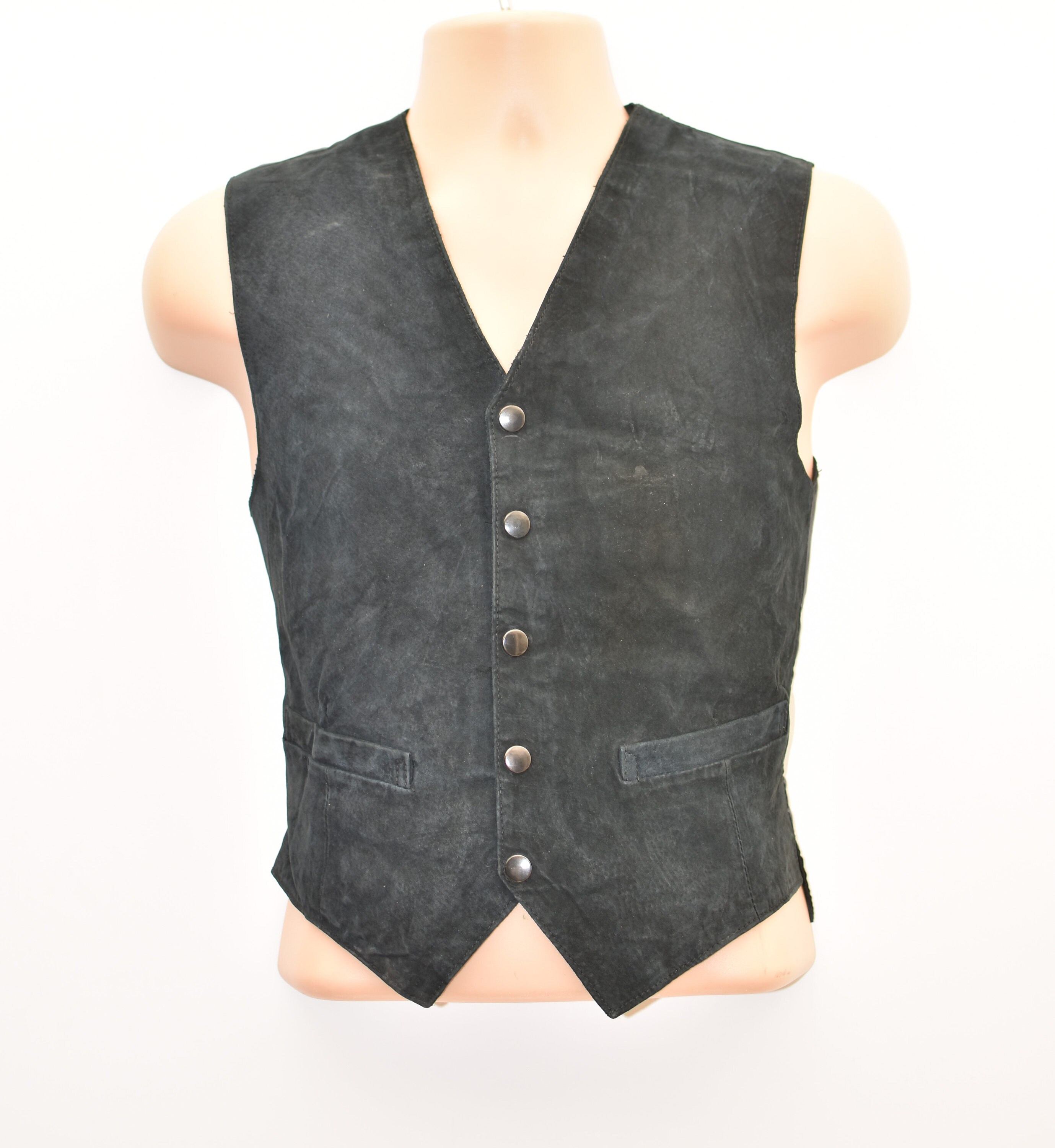 Image of Vintage Black Real Leather Leena Studio Western Biker Vest Men's Waistcoat Size S