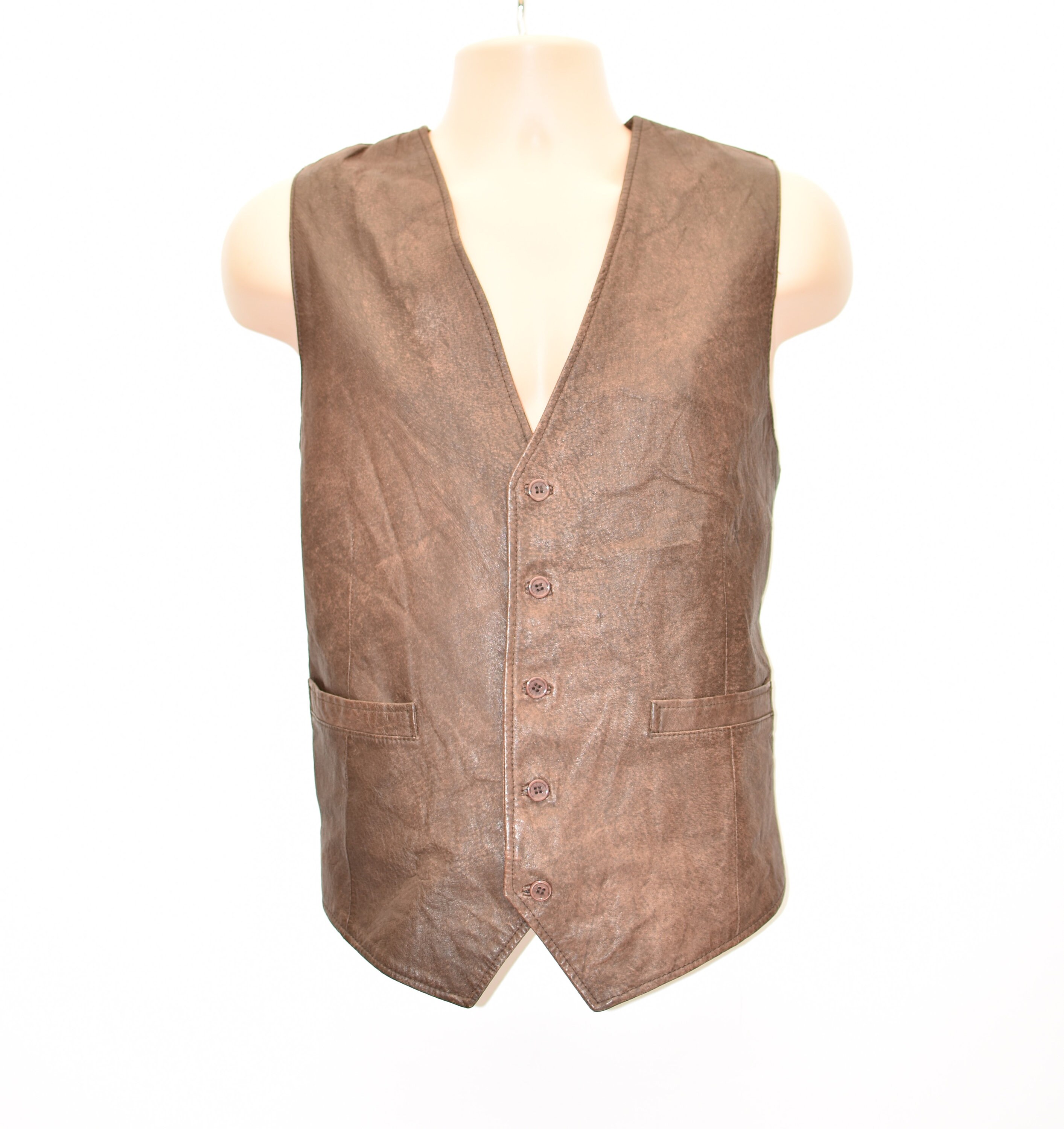 Image of Vintage Brown Real Leather Echtes Leder Cowboy Western Biker Vest Men's Waistcoat Size L
