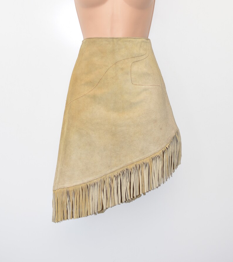 Vintage Brown Real Leather DALLAS Tassel Straight Pencil Knee Length Skirt Size S UK6 W25 L22