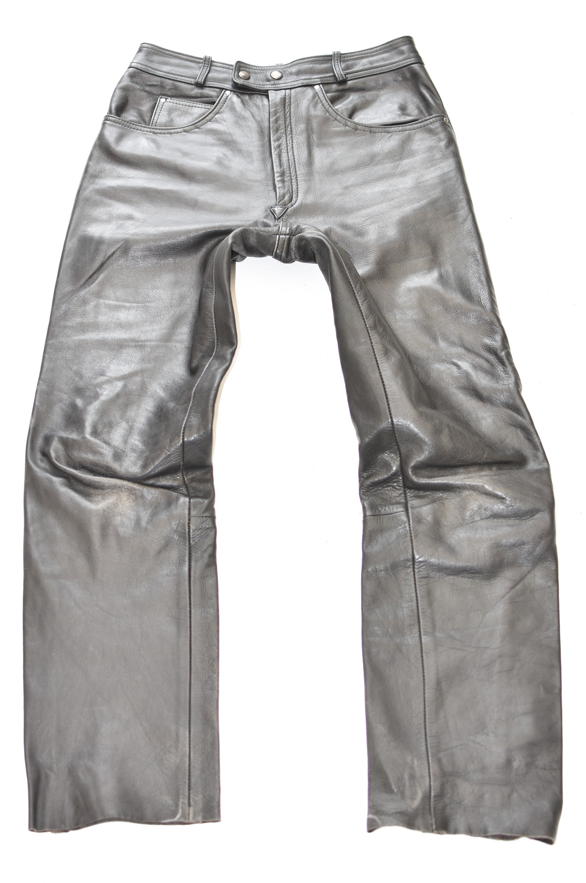 Image of Vintage Black Real Leather Rocker Biker Motorcycle Men's Trousers Pants Size W30" L31"