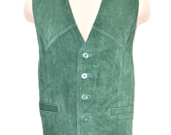 Vintage Green Real Leather Cowboy Western Biker Vest Men's Waistcoat Size L