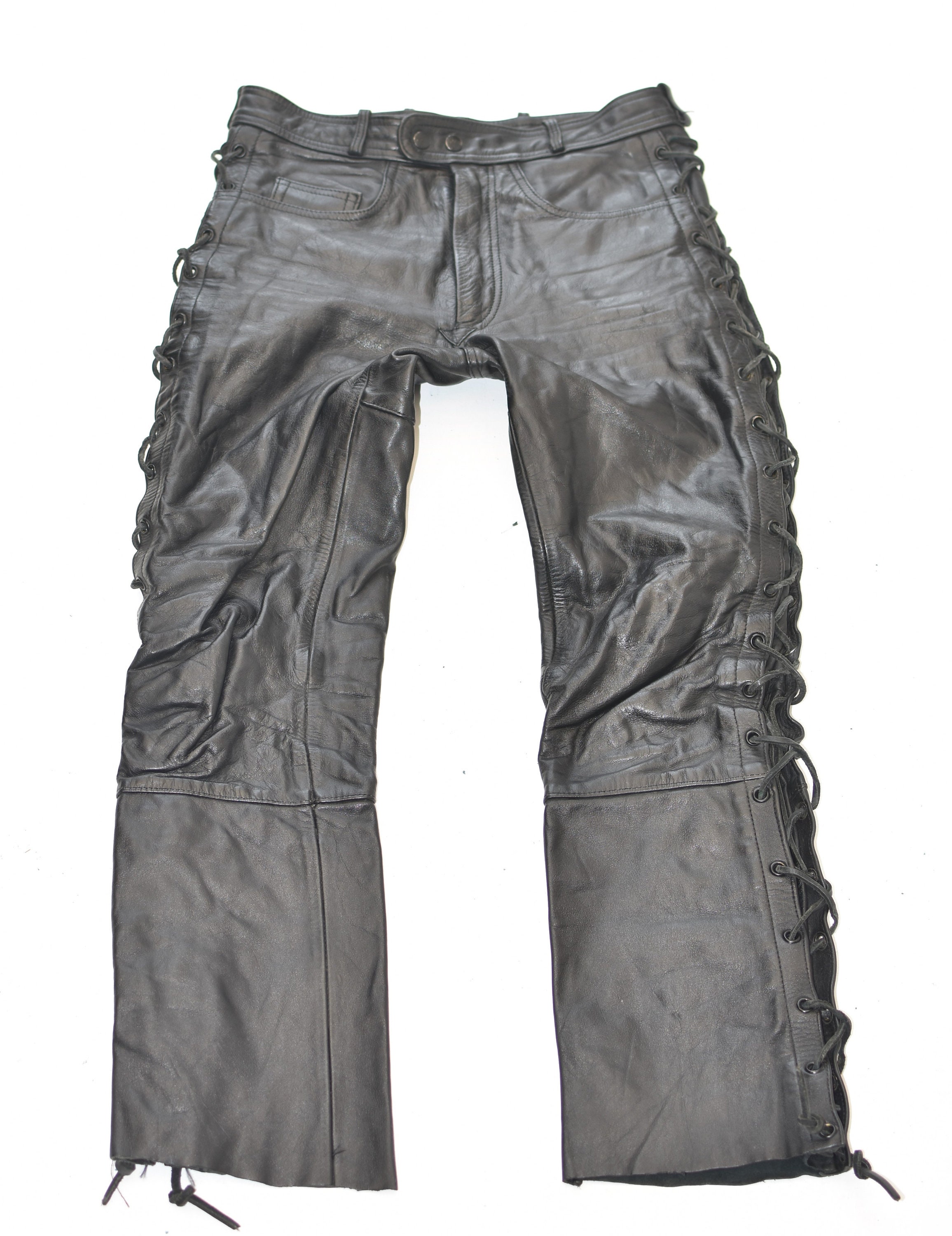Image of Vintage Black Genuine Leather Lace Up Motorcycle Biker Men's Trousers Pants Size W29" L28"