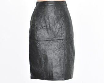 Vintage WINLIT Women's Real Leather Straight Pencil Knee Length Black Skirt Size UK6 W25"