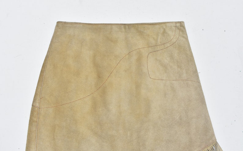 Vintage Brown Real Leather DALLAS Tassel Straight Pencil Knee Length Skirt Size S UK6 W25 L22