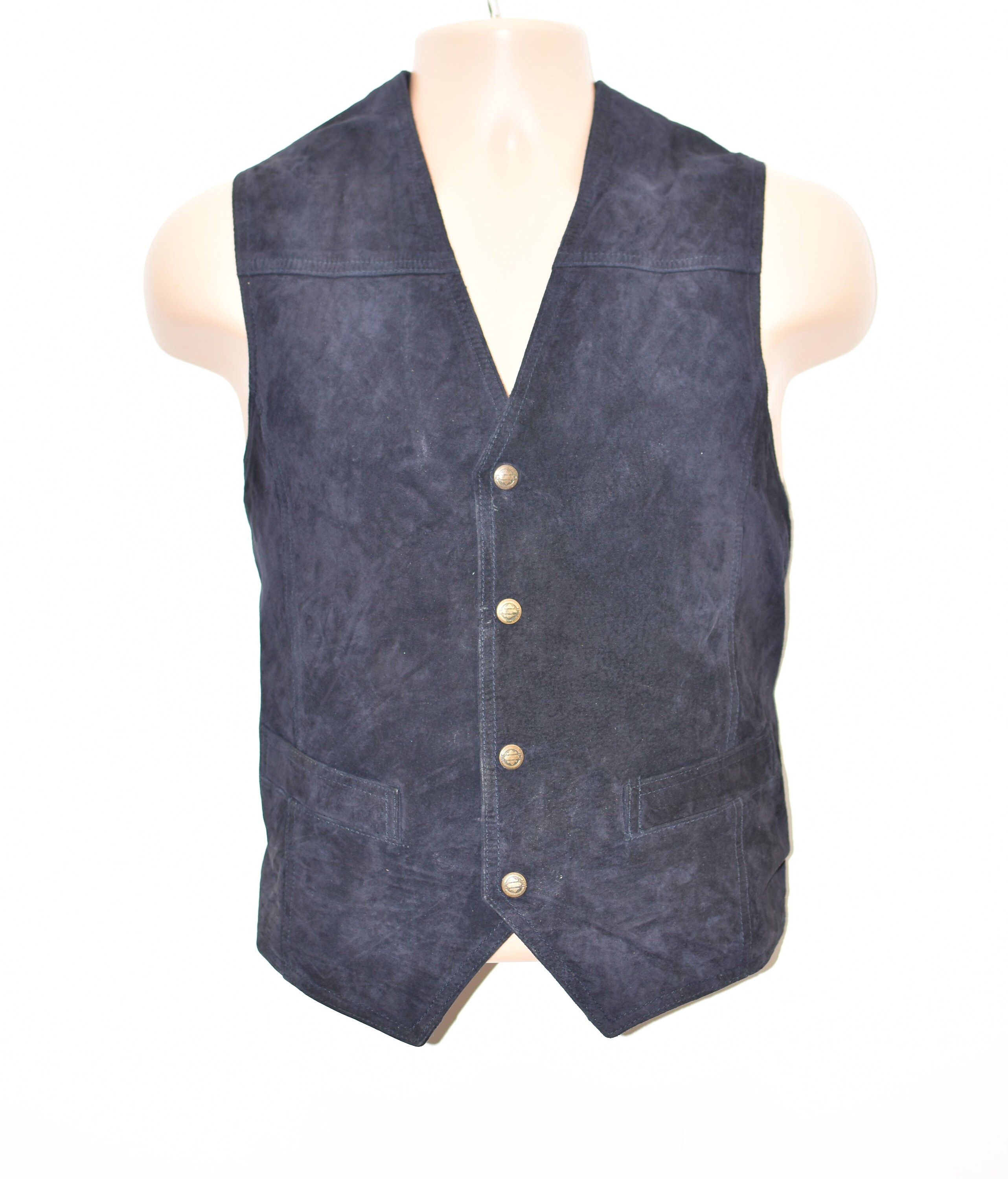 Image of Vintage Blue Real Leather Pionier Cowboy Western Biker Vest Men's Waistcoat Size M