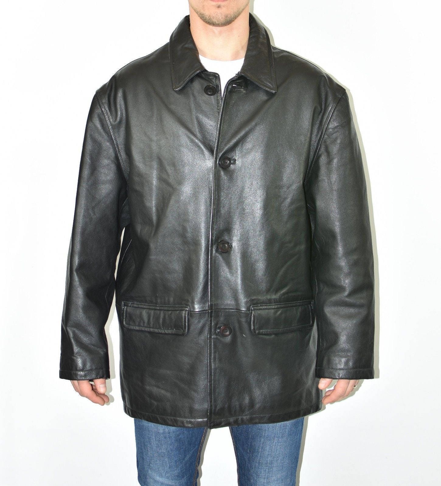 Image of Vintage Black Genuine Leather Vroom&dressman Loose Fit Button Biker Casual Men's Coat Jacket Size Xl
