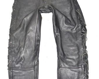 LOUIS Lace Up Women's Real Leather Biker Motorcycle Black Trousers Pants Size W30" L30"