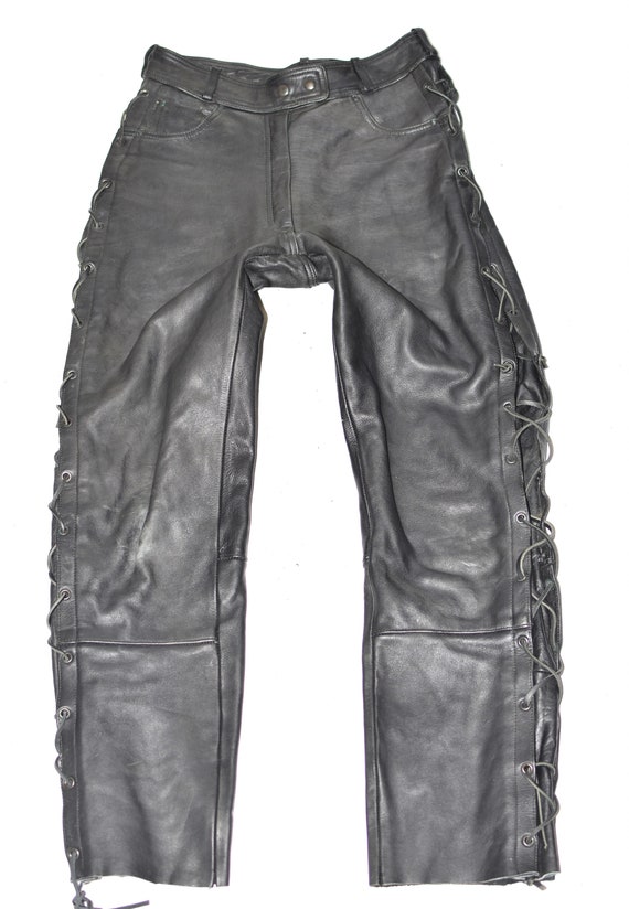 LOUIS Lace up Women's Real Leather Biker Motorcycle Black Trousers Pants  Size W30 L30 