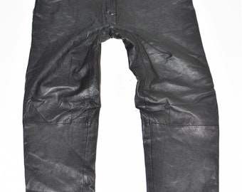 Vintage Black Real Leather HEINE Biker Cropped Slim Women's Trousers Pants Size W29" L24