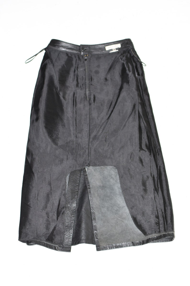 Vintage Black Real Leather PICCOLO Straight Pencil Midi Length Skirt Size UK6 W25
