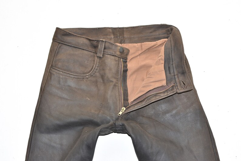 Vintage Men's Real Leather Motorcycle Biker Brown Trousers Pants Size W30 L33 image 5