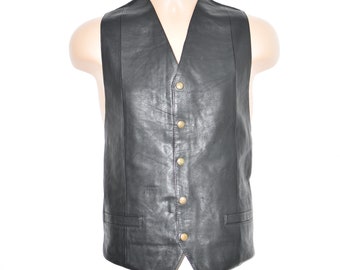 Vintage GAOMA Men's Real Leather Motorcycle Biker Casual Black Vest Waistcoat Size L