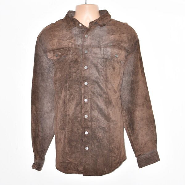 vintage BLEND Hommes en cuir véritable à manches longues Western Casual Brown Shirt Jacket Taille L