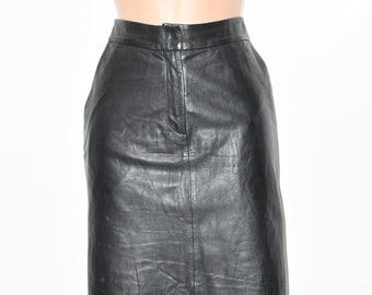 Vintage Black Real Leather PAPRIKA Straight Pencil Short Length Skirt Size UK16 W31"