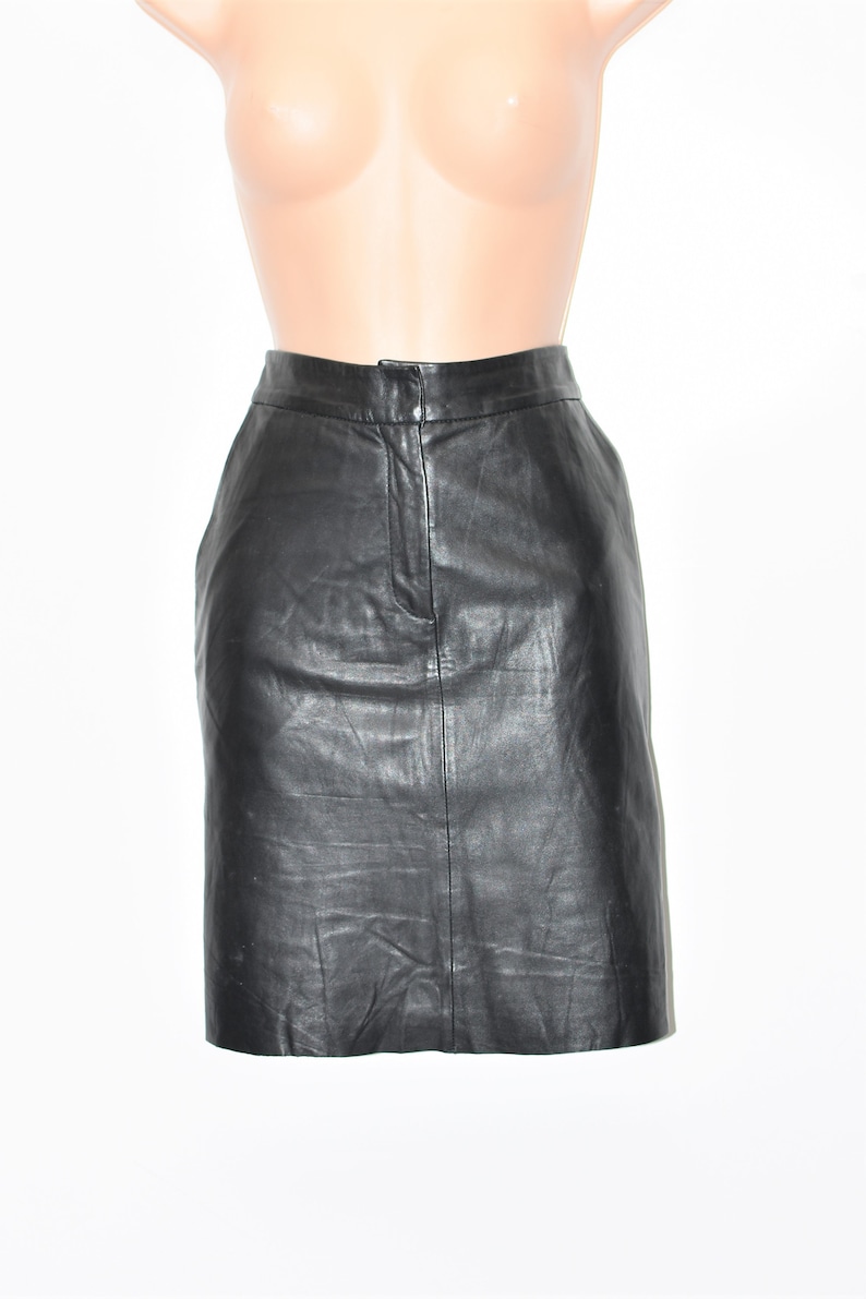 Vintage Black Real Leather PAPRIKA Straight Pencil Short Length Skirt Size UK16 W31 image 1