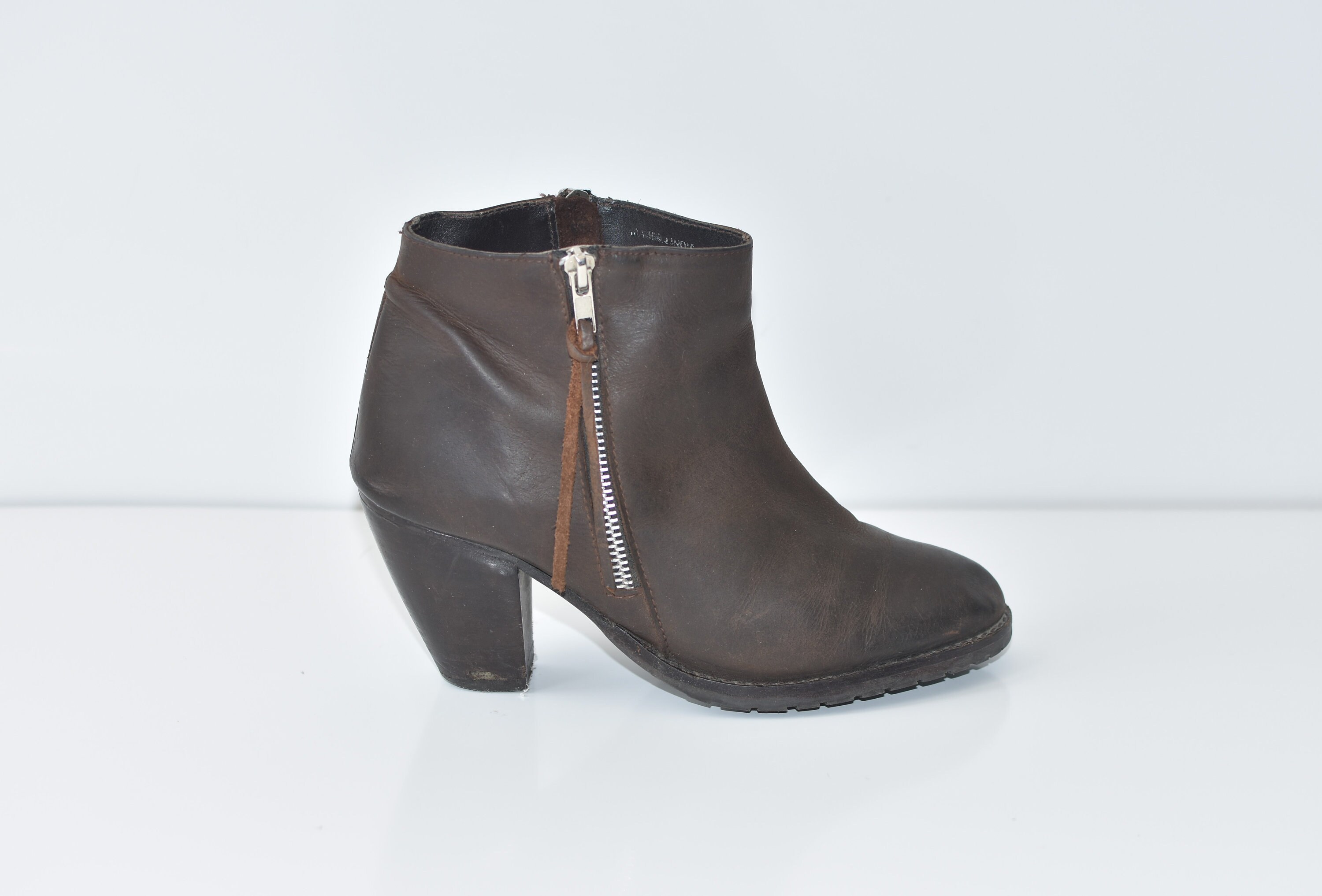 Vintage Brown Genuine Leather Bianco Ankle Boots Mid Heel Cowboy Women's Shoes Booties Size UK4 EU37 US6