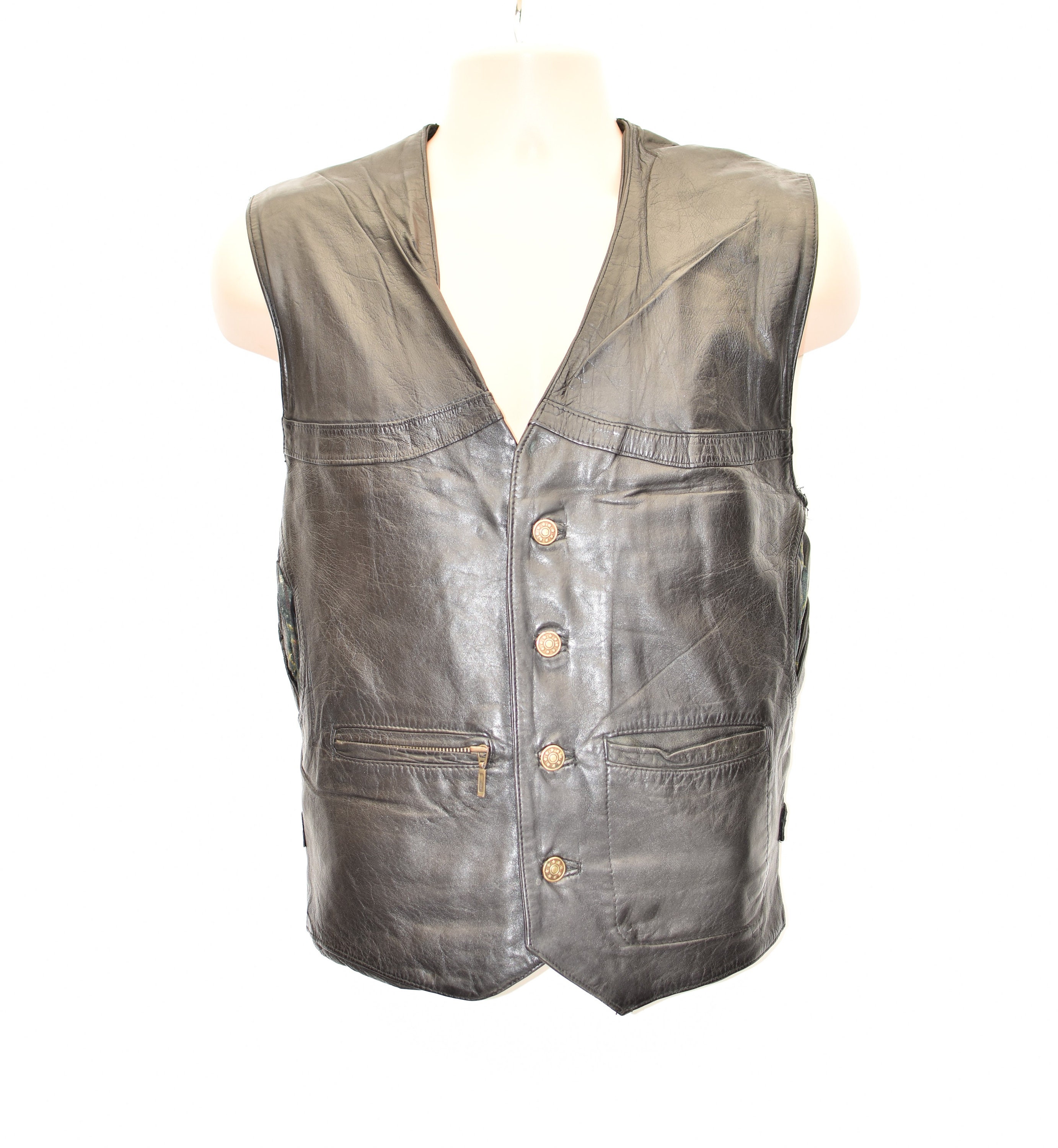 Image of Vintage Black Real Leather Cowboy Western Motorcycle Biker Vest Men's Waistcoat Size L