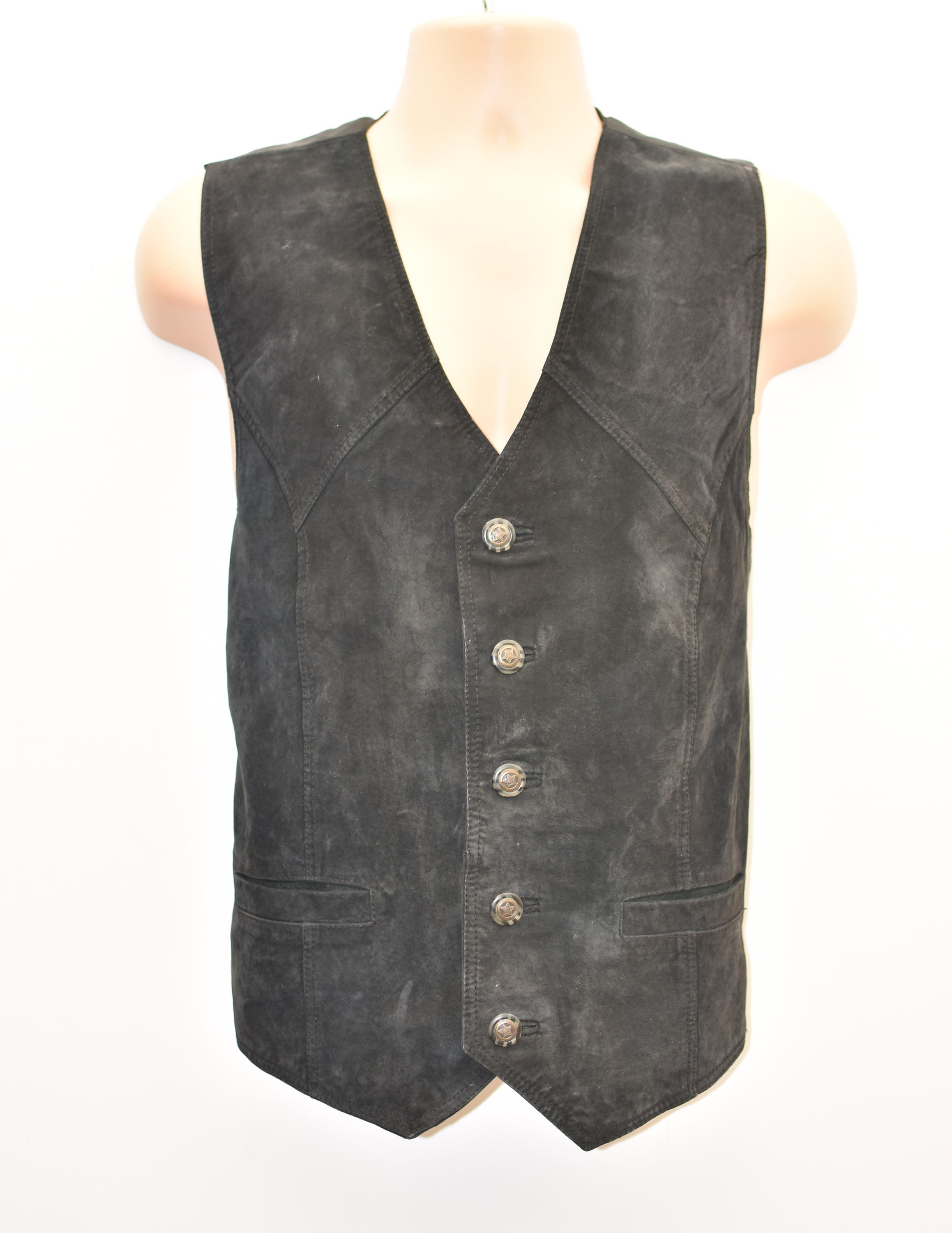 Image of Vintage Black Real Leather Motorcycle Western Biker Vest Men's Waistcoat Size L