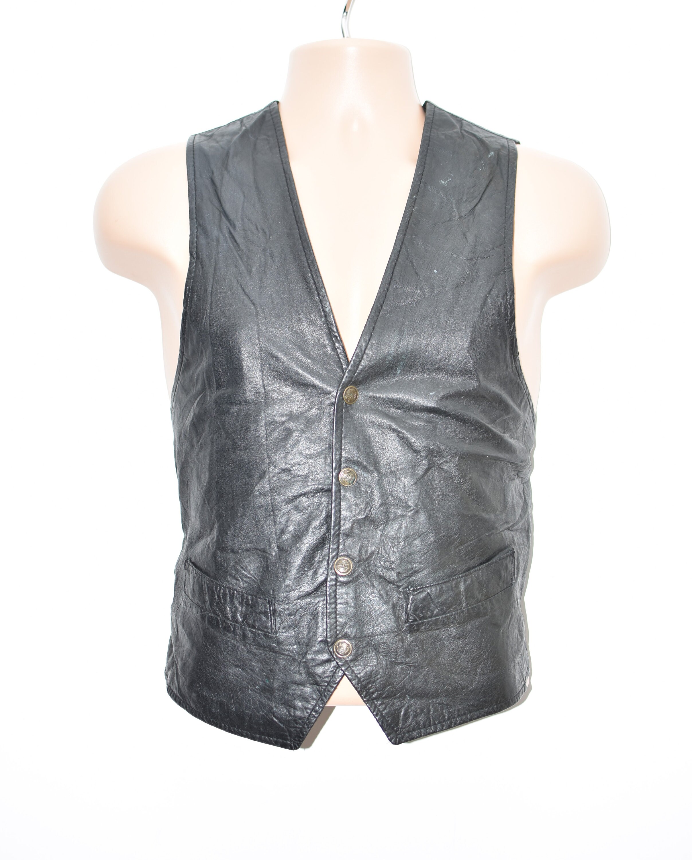 Image of Vintage Black Real Leather A.b.a Motorcycle Western Biker Vest Men's Waistcoat Size Xl/L