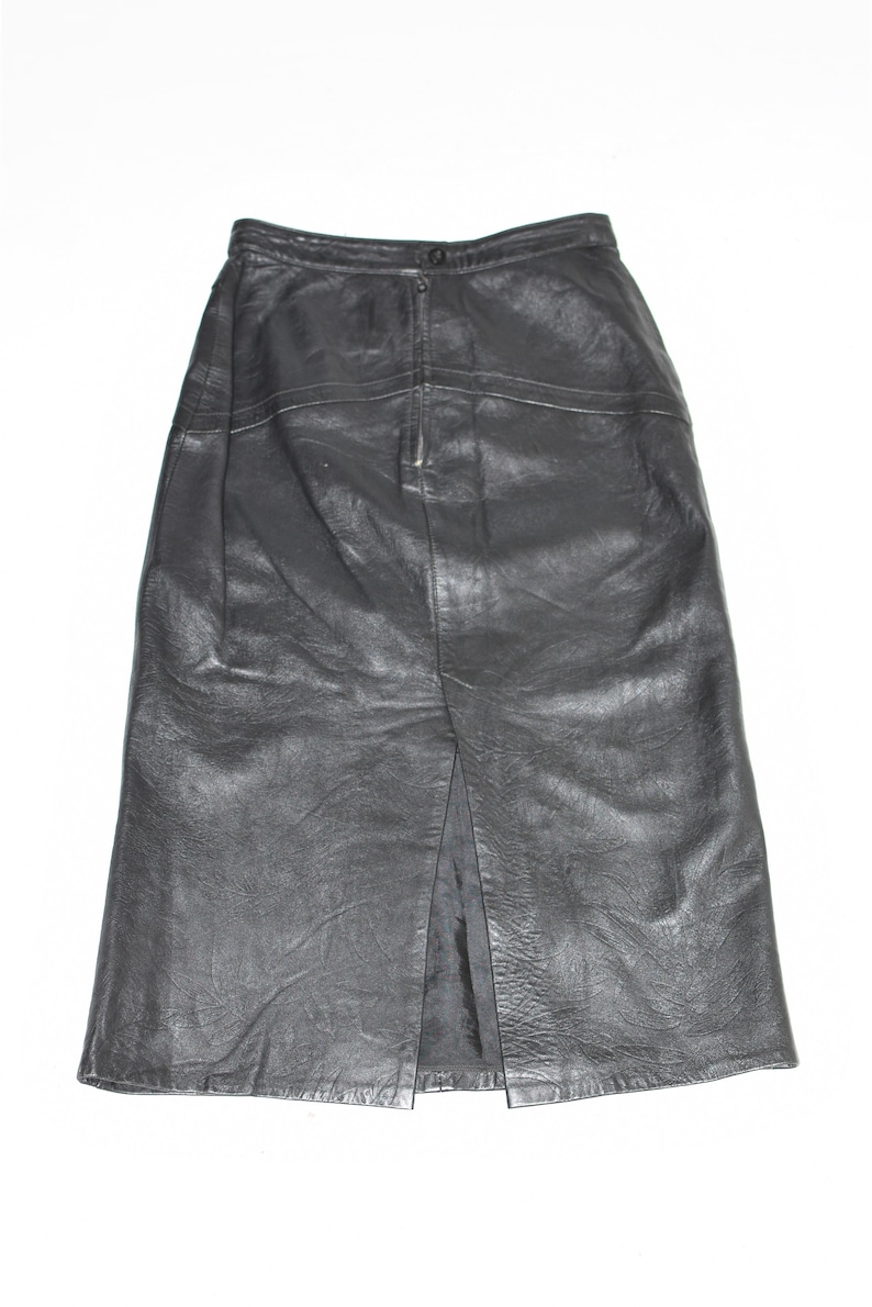 Vintage Black Real Leather PICCOLO Straight Pencil Midi Length Skirt Size UK6 W25