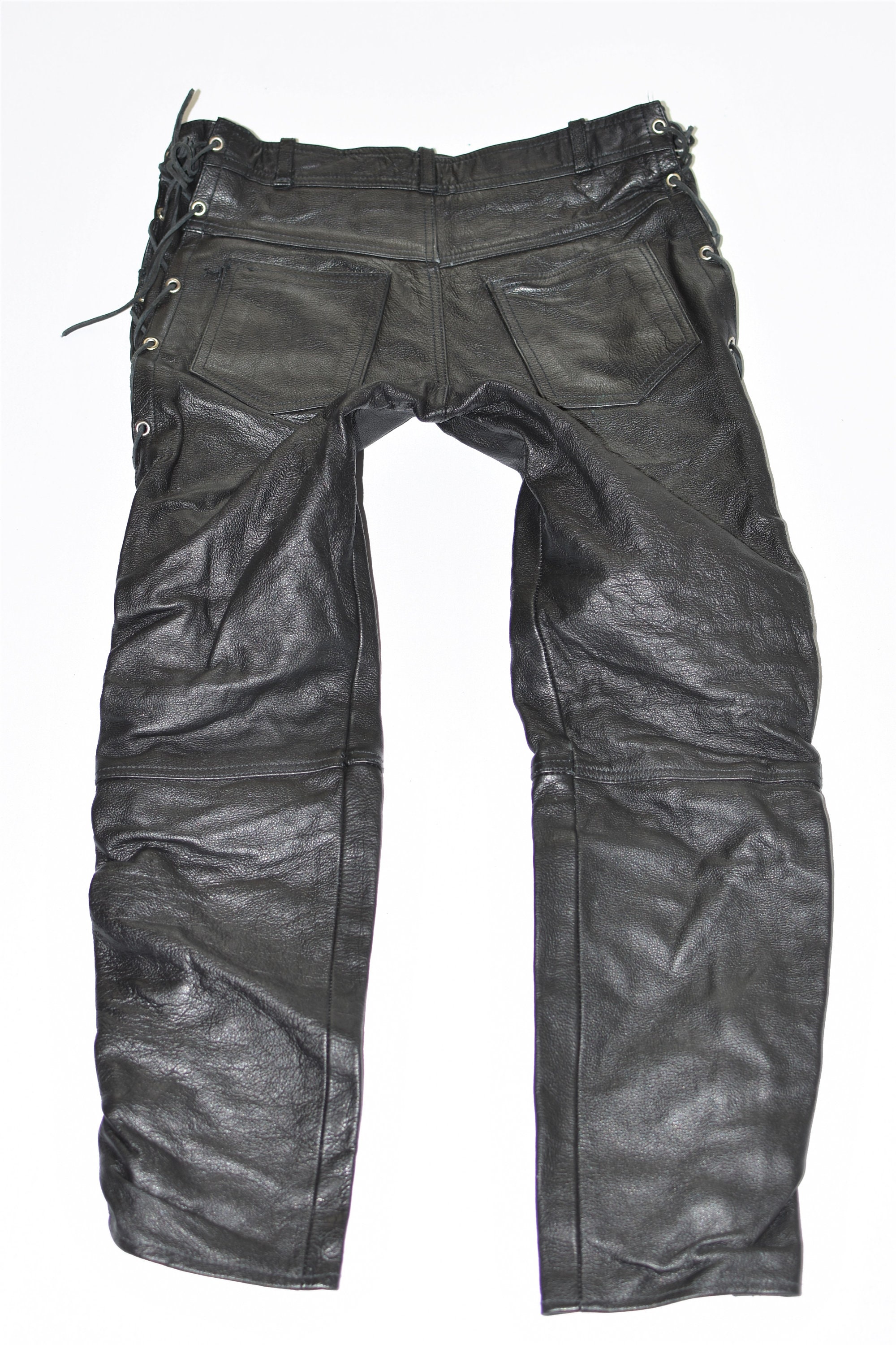 Vintage Lace up Men's Leather Biker Motorcycle Black Trousers Pants ...