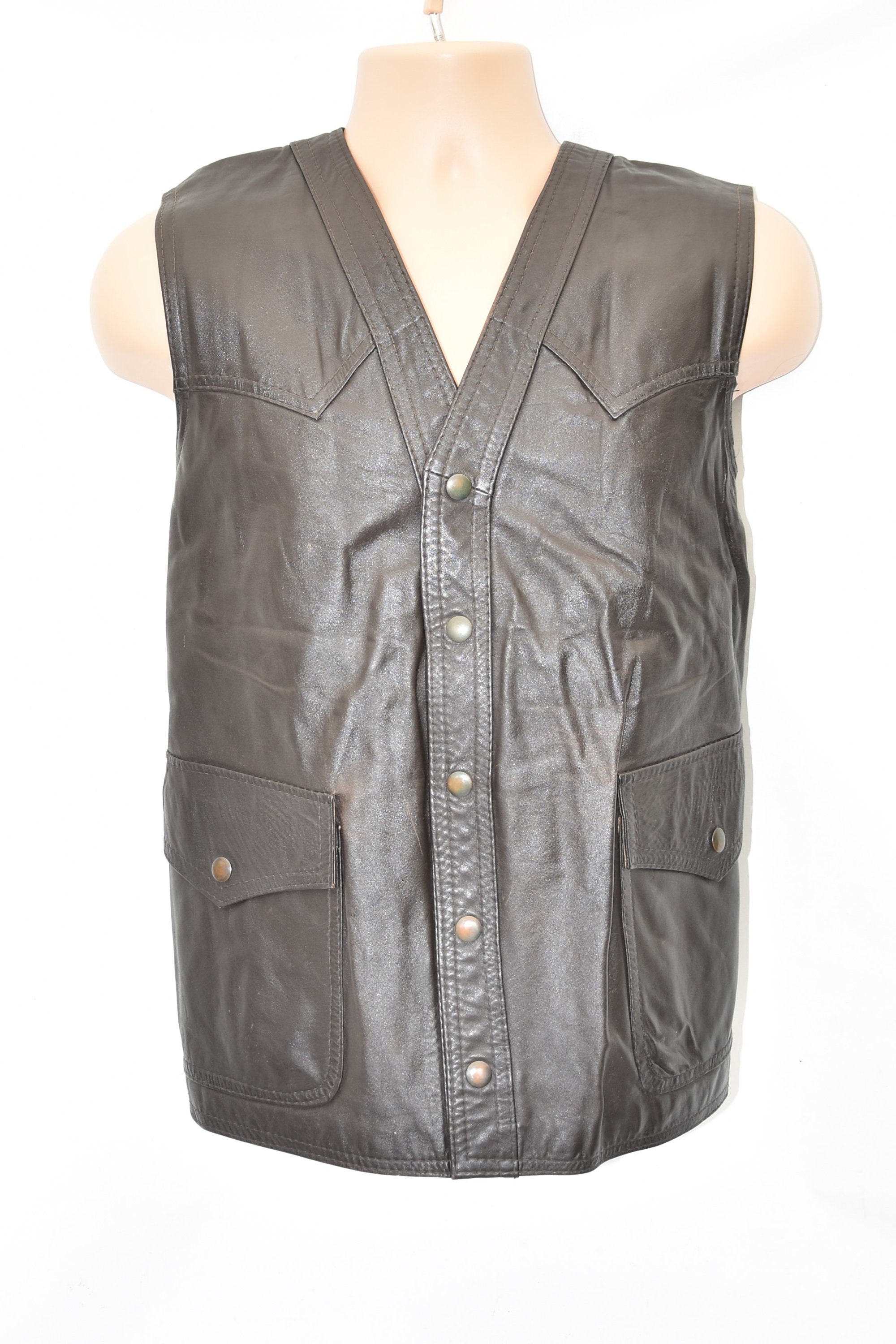 Image of Vintage Brown Genuine Leather Popper Western Biker Casual Vest Men's Waistcoat Size L