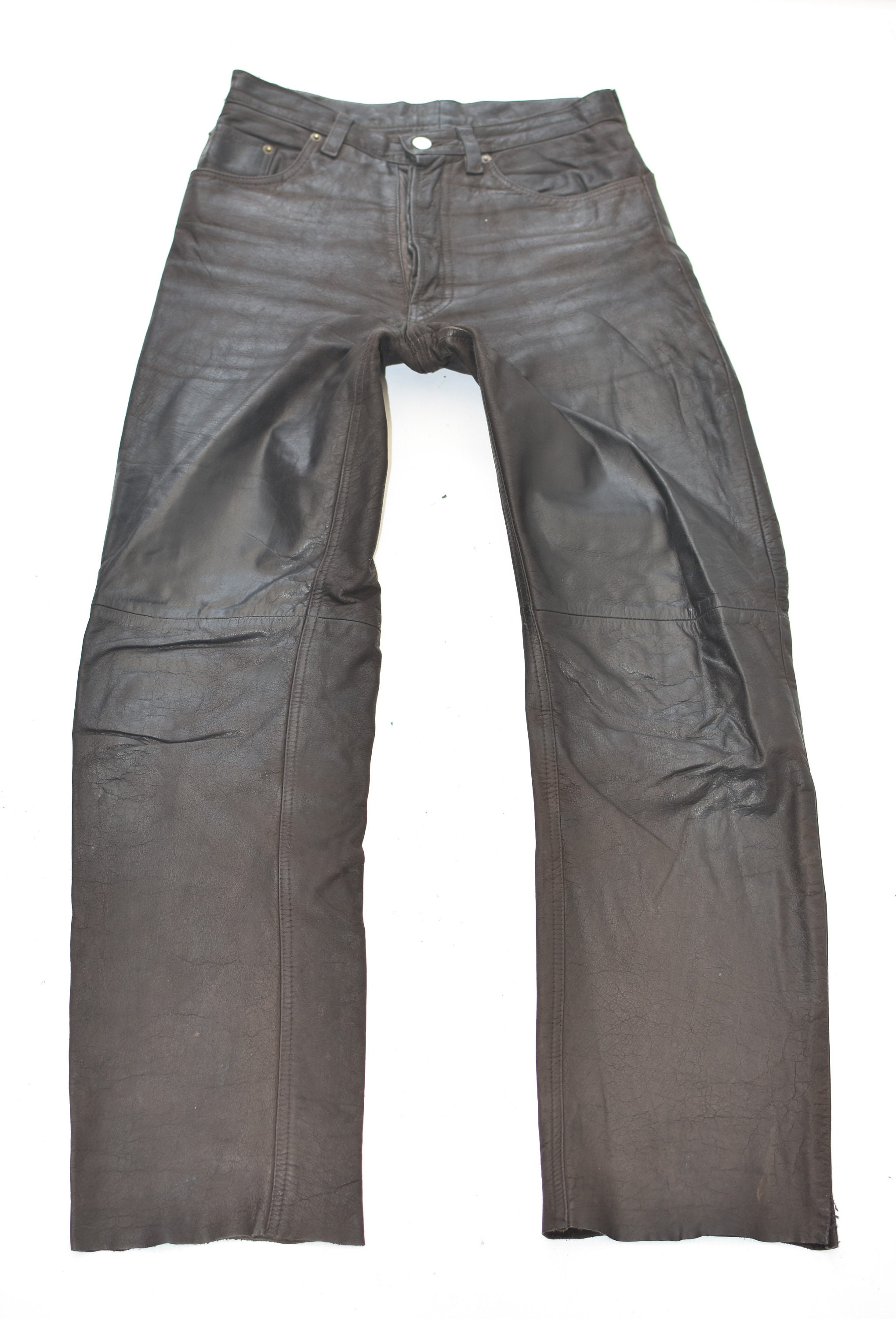 Image of Vintage Brown Real Leather Button Fly Motorcycle Biker Men's Trousers Pants Size W29" L31"