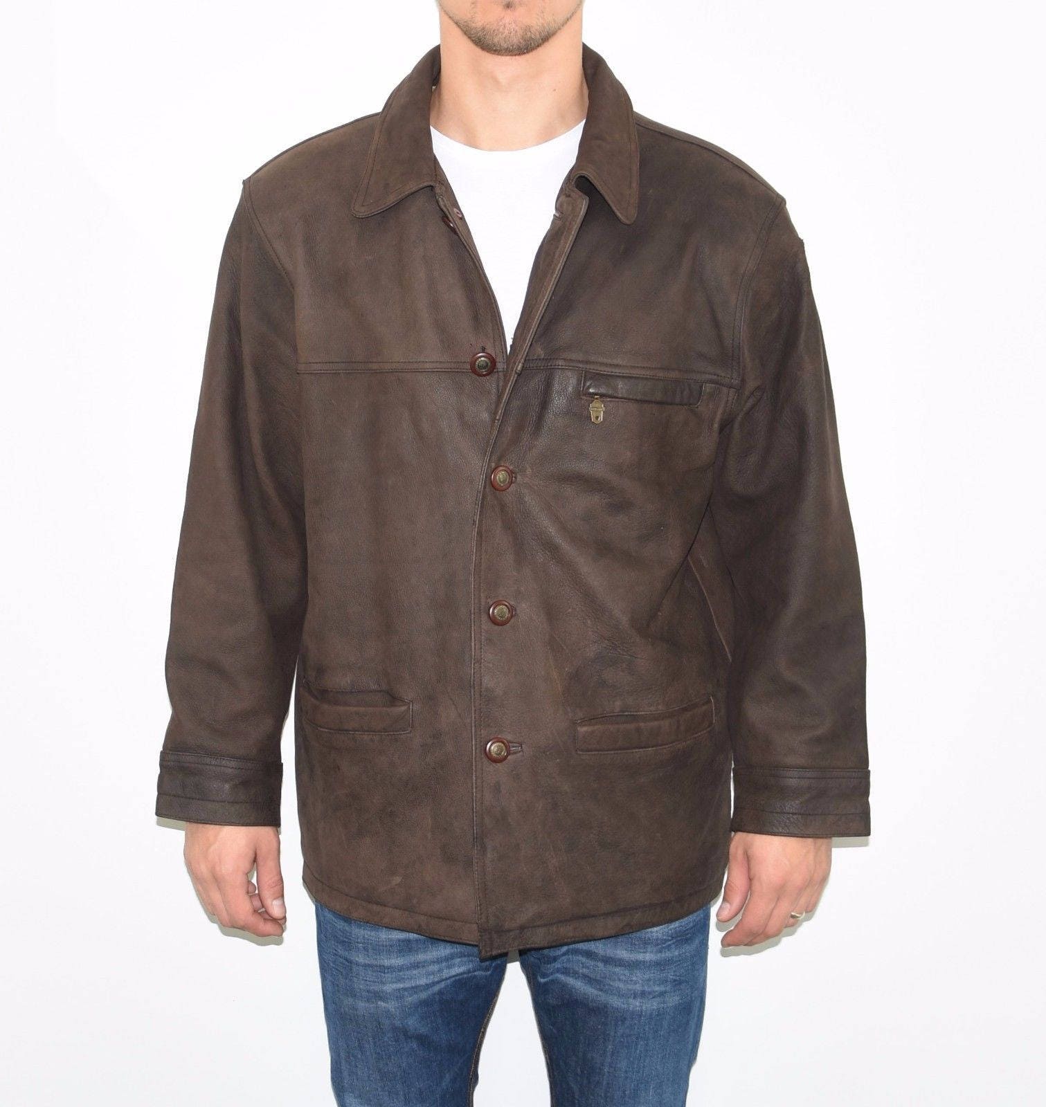 Image of Vintage Brown Genuine Leather Stone Rockers Biker Slouch Hips Length Men's Coat Jacket Size L