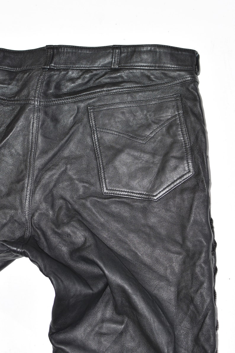 Vintage Black Genuine Leather Lace Up Biker Motorcycle Men/'s Trousers Pants Size W39 L31