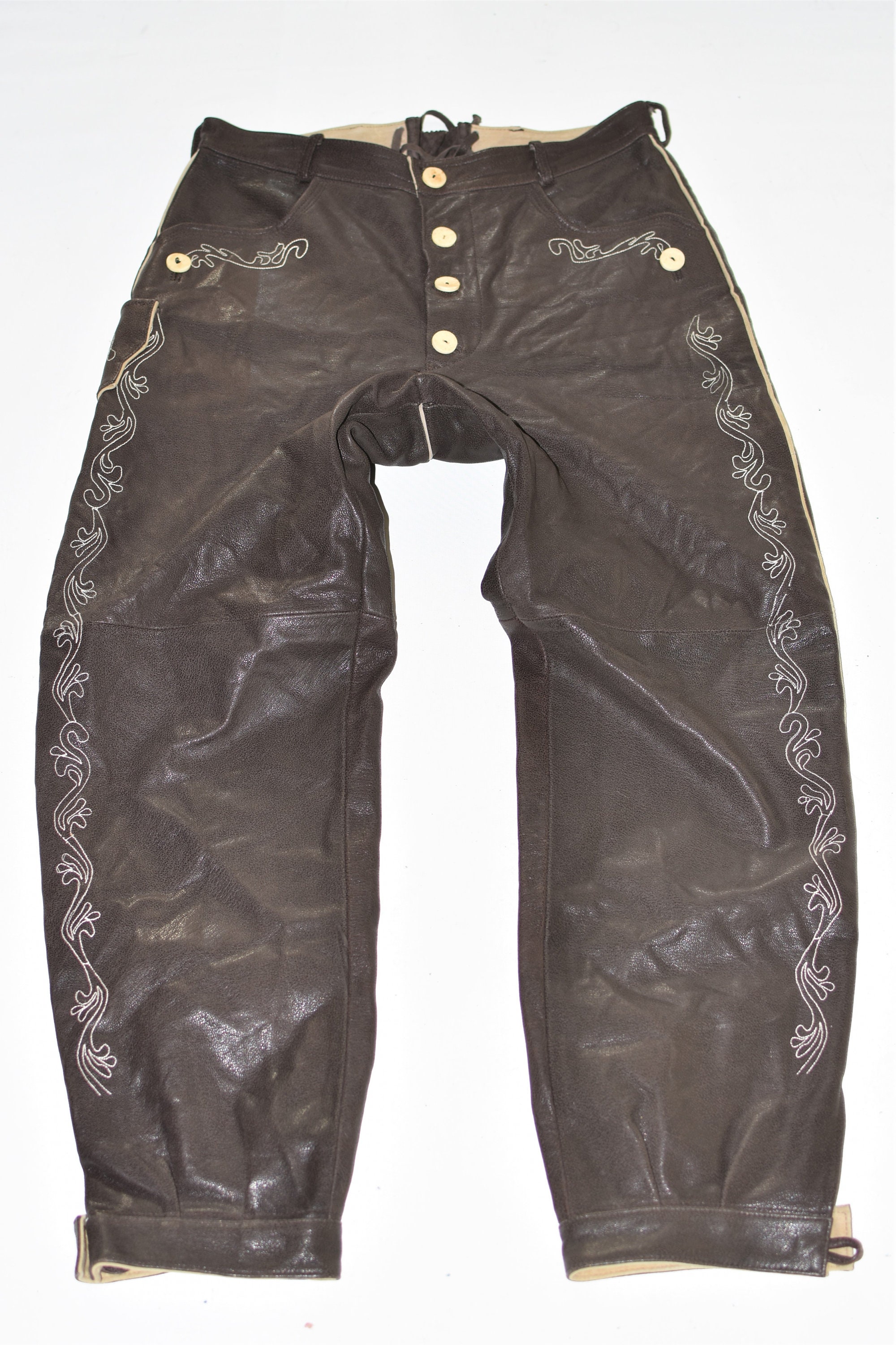 Image of Vintage Brown Real Leather Straight Casual Biker Men's Pants Trousers Size L W33" L30"