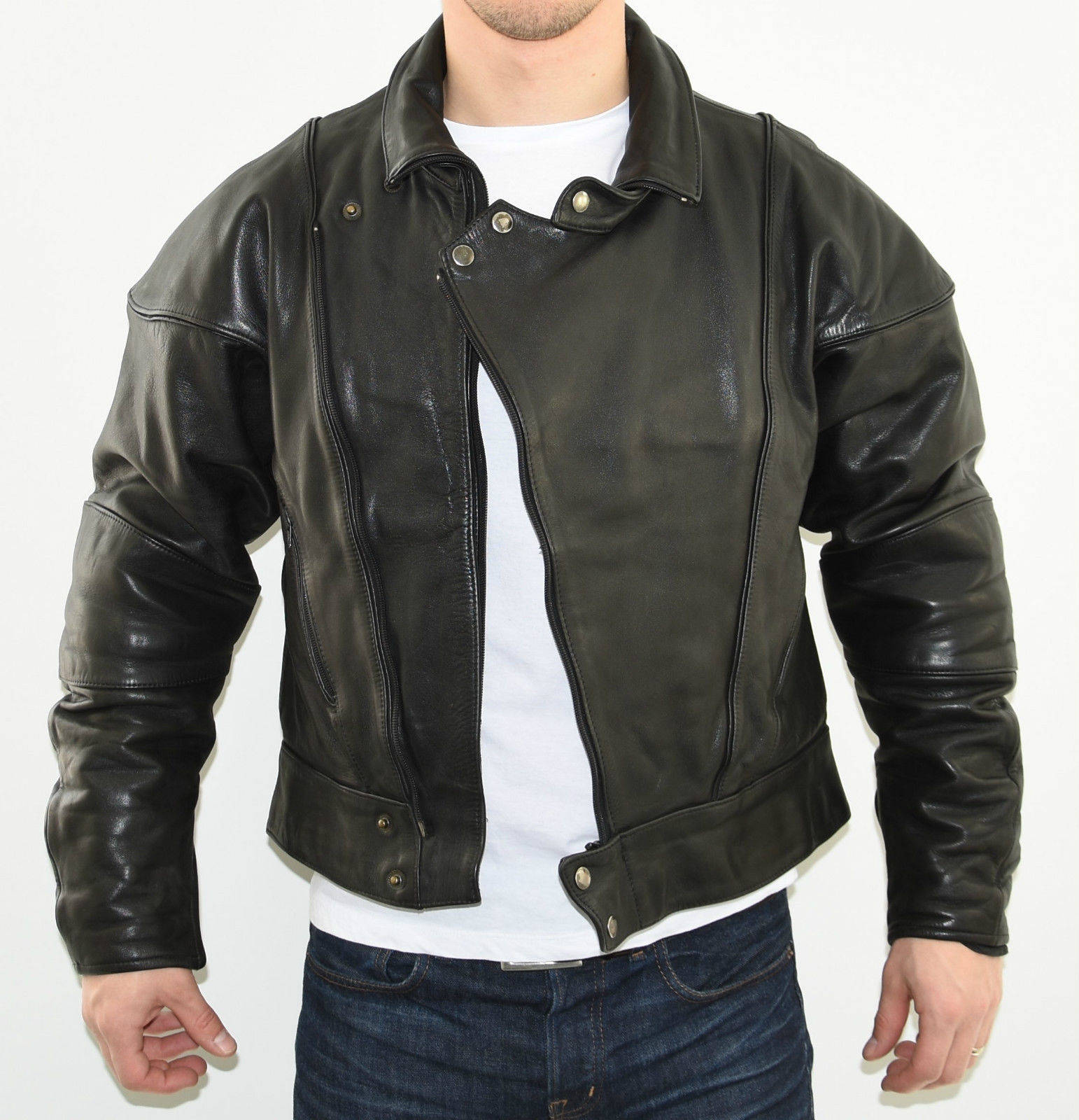 Image of Vintage Black Genuine Leather Intra Moto Line Biker Motorcycle Hips Length Men's Coat Jacket Size L