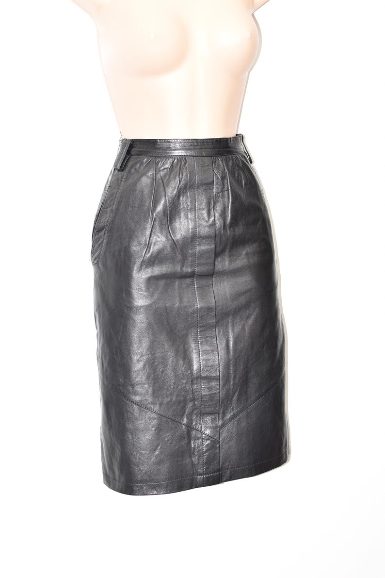 Vintage Black Real Leather BARDEHLE Straight Pencil Knee Length Skirt Size UK8 W27 image 2