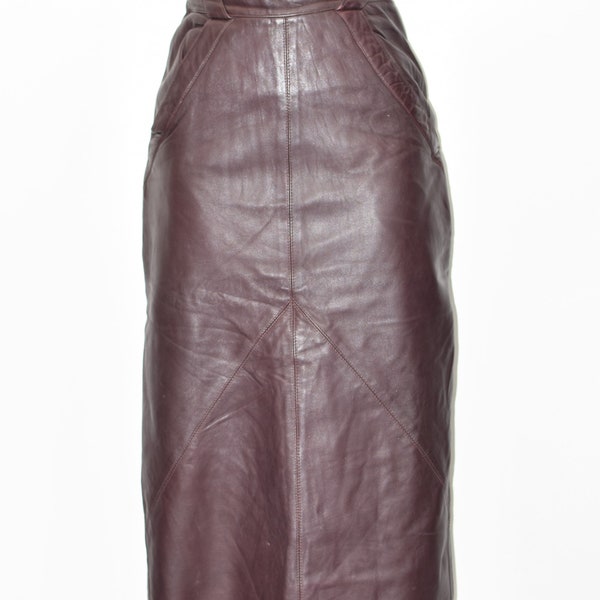 Vintage Burgundy Real Leather Pockets Straight Pencil Midi Length Skirt Size UK6 W24"